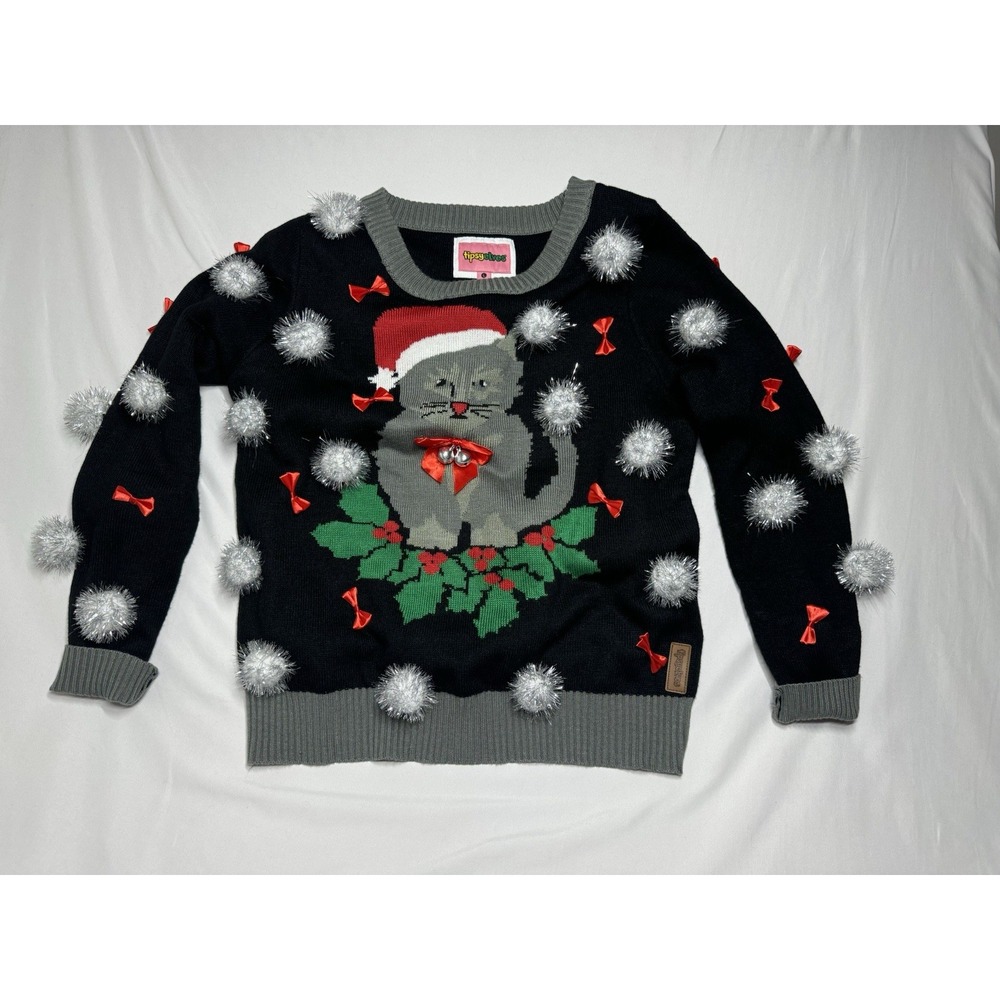 Tipsy Elves Gray Cat Silver Tinsel Pom Poms Red Bows Christmas Sweater Size L